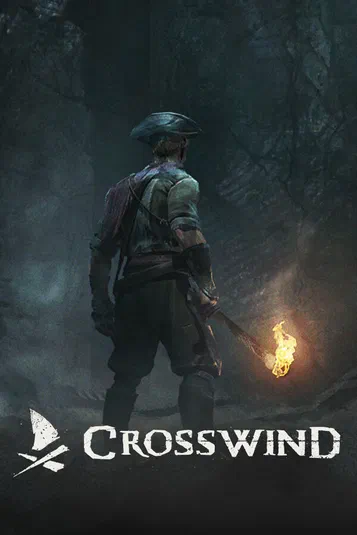 Affiche du jeu vidéo Crosswind montrant un personnage vu de dos tenant une torche dans une grotte sombre