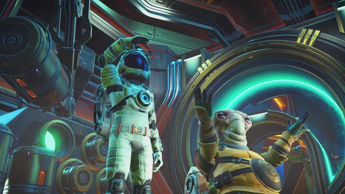 Dans No Man's Sky, un astronaute humain et une créature extraterrestre saluent dans le cockpit d'un vaisseau spatial aux lumières vertes.