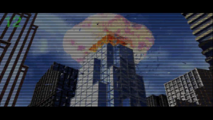 Dans le jeu Command & Conquer™ and The Covert Operations™, une explosion nucléaire se produit au-dessus d'un gratte-ciel dans un environnement urbain.
