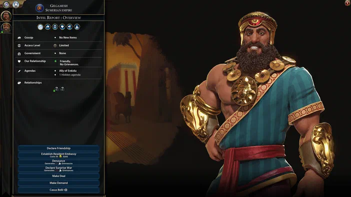 Capture d'écran du jeu Sid Meier's Civilization VI montrant le menu de relations avec un personnage barbu vêtu de bleu et doré.