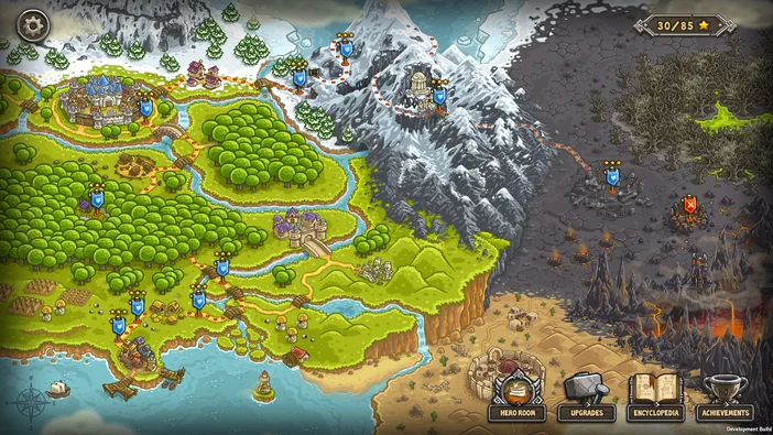 Capture d'écran de Kingdom Rush montrant une carte stratégique avec des forêts, montagnes et zones volcaniques.