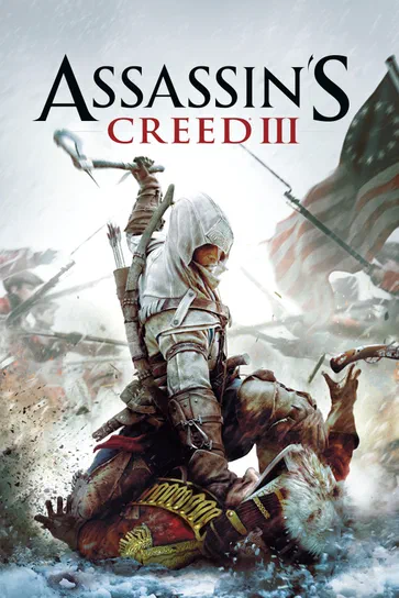 Affiche du jeu vidéo Assassin's Creed III montrant un assassin en combat dans la neige