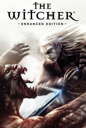 Affiche du jeu vidéo The Witcher Enhanced Edition montrant le protagoniste en combat contre une créature monstrueuse