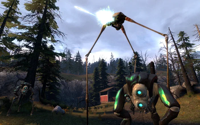 Dans Half-Life 2, des aliens à longues pattes se tiennent dans une forêt avec un petit bâtiment en arrière-plan.
