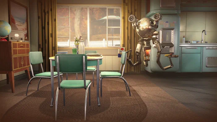 Dans Fallout 4, un robot humanoïde se tient dans une cuisine rétro des années 50 avec des meubles verts et un grand frigo turquoise.