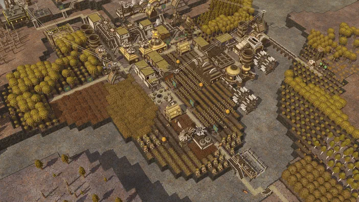 Vue aérienne d'une cité industrielle dans le jeu vidéo Timberborn avec des bâtiments, des arbres et un réseau de tuyaux.