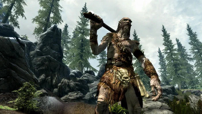 Dans The Elder Scrolls V: Skyrim, un guerrier barbu tenant une hache se tient au milieu d'une forêt rocheuse.