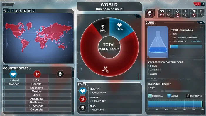 Capture d'écran de l'interface du jeu vidéo Plague Inc: Evolved montrant une carte mondiale et des statistiques sur la progression d'une épidémie.
