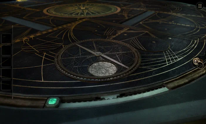 Vue d'un mécanisme complexe en métal noir et doré du jeu vidéo The Room.