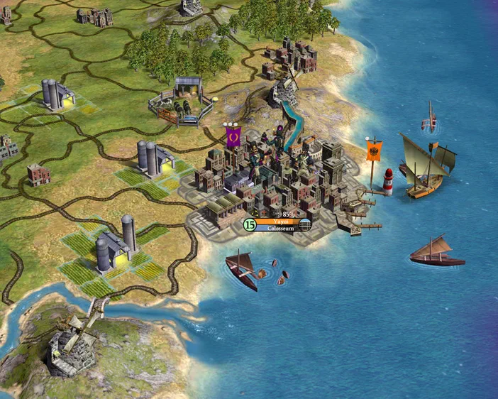 Capture d'écran du jeu Sid Meier's Civilization IV montrant une ville côtière avec des bâtiments et des navires.