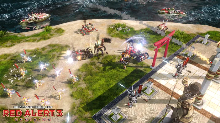 Capture de jeu vidéo Command & Conquer Red Alert 3 Uprising montrant une bataille sur un rivage avec des véhicules et soldats en action.