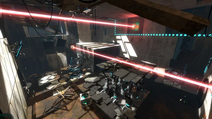 Capture d'écran de Portal 2 montrant une chambre avec des lasers rouges et bleus traversant l'espace.