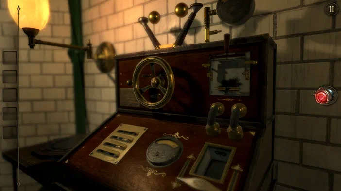 Une image de jeu vidéo montrant un panneau mécanique en bois avec des boutons, une manivelle et des leviers dans The Room Two.