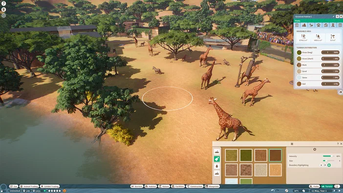 Capture d'écran du jeu Planet Zoo montrant une savane avec des girafes et divers outils de design.