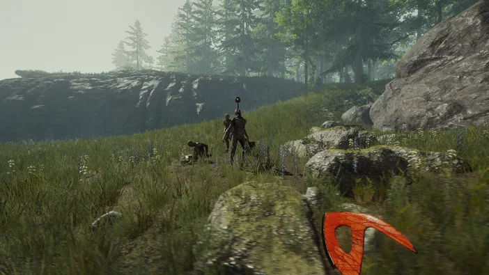 Dans le jeu vidéo The Forest, un personnage et deux chiens traversent une colline herbeuse parsemée de rochers, avec des arbres en arrière-plan.