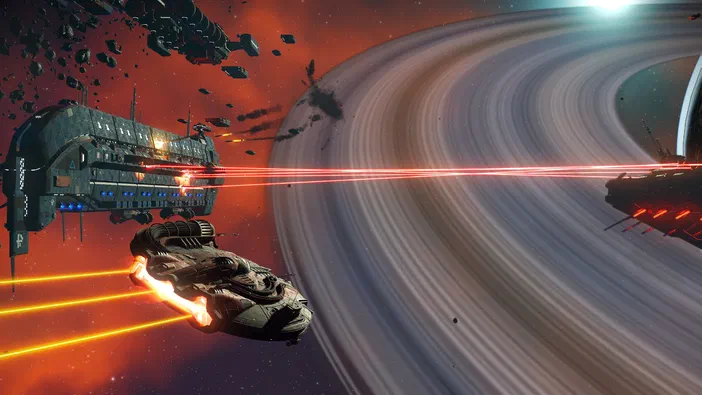 Dans l'univers de No Man's Sky, des vaisseaux spatiaux se battent près d'une planète aux anneaux sous un ciel rougeoyant.
