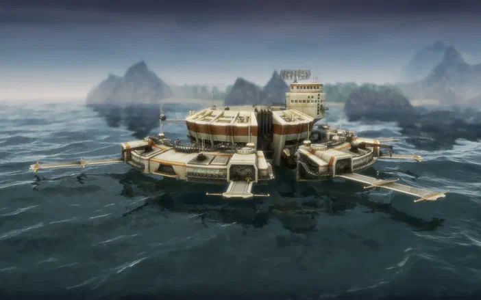 Vue d'un complexe flottant futuriste dans l'eau avec des montagnes en arrière-plan pour le jeu Anno 2070.
