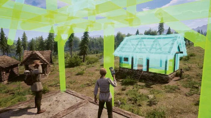 Dans le jeu vidéo Medieval Dynasty, deux personnages observent depuis une plateforme en bois : l'un utilise un outil de construction pour visualiser la structure d'une maison future en superposition holographique bleue et verte sur le terrain.