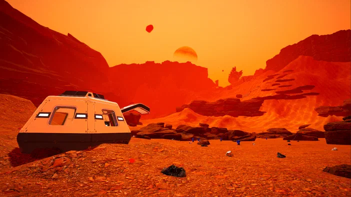 Capture d'écran du jeu The Planet Crafter montrant une base spatiale sur un paysage rouge avec deux soleils.