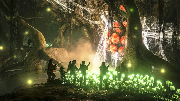 Dans ARK: Survival Evolved, un groupe de survivants armés se tient devant une créature géante aux écailles rouges dans une grotte illuminée par des plantes bioluminescentes.