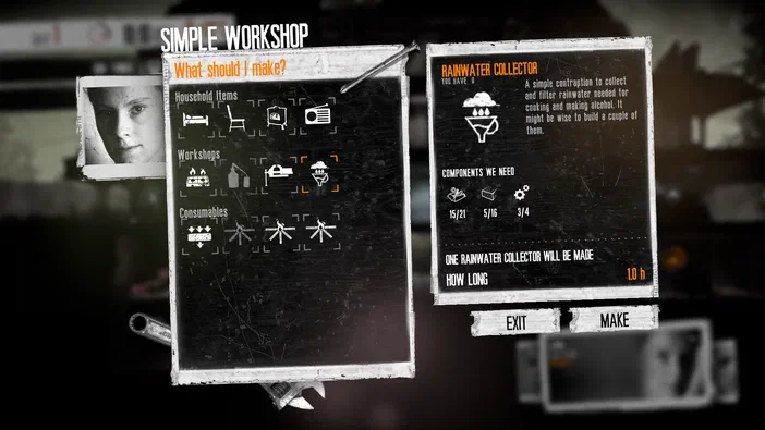 Capture d'écran du jeu vidéo This War of Mine montrant l'interface de la Simple Workshop pour fabriquer un collecteur d'eau.