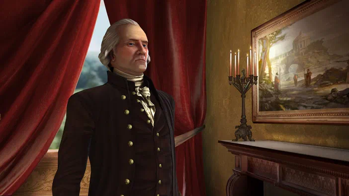 Capture d'écran du jeu vidéo Sid Meier's Civilization V montrant un personnage en uniforme historique dans une pièce avec des rideaux rouges et un tableau.
