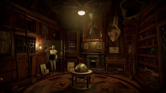 Une capture d'écran du jeu vidéo The Room 4: Old Sins montrant une pièce sombre remplie de livres et d'objets étranges.