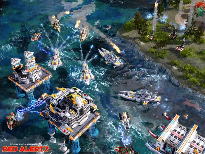 Capture d'écran du jeu vidéo Command & Conquer Red Alert 3 montrant une bataille navale avec des bases et des vaisseaux en combat sur l'eau.