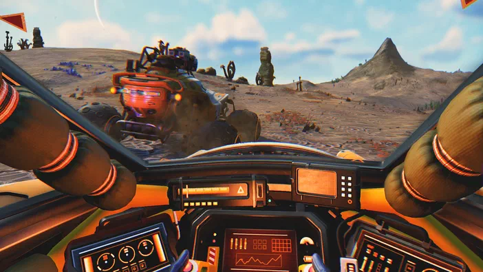Vue à la première personne depuis le cockpit d'un véhicule dans No Man's Sky sur un paysage extraterrestre avec une autre voiture devant.