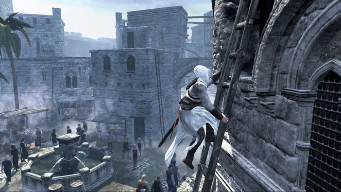Dans Assassin's Creed, un assassin grimpe sur une échelle de bois dans une ville médiévale en pierre.