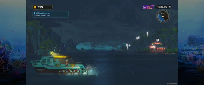 Capture d'écran du jeu vidéo Dave the Diver montrant un bateau naviguant sur l'eau sous une tempête avec des requins visibles.