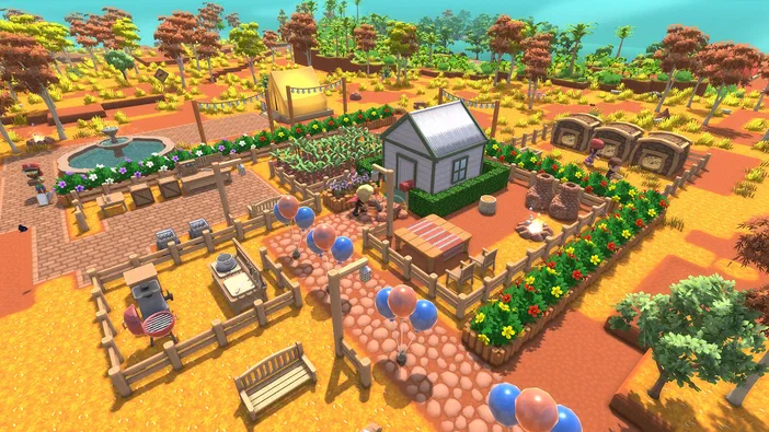Capture d'écran du jeu vidéo Dinkum montrant une ferme colorante avec des bâtiments, des cultures et un personnage au centre.