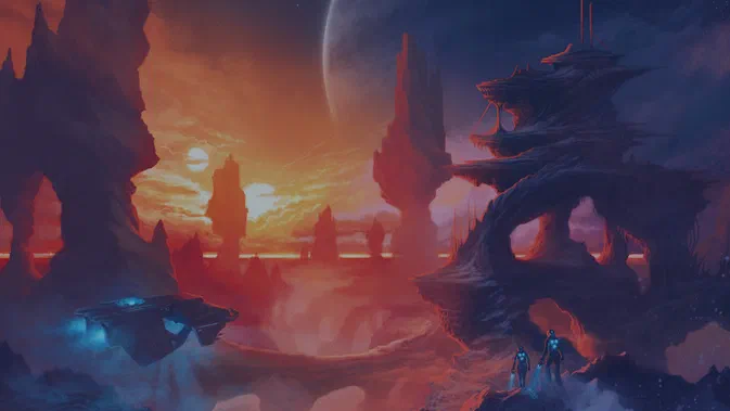 Fond d'écran du jeu vidéo Stellaris montrant un paysage extraterrestre avec des rochers, une planète en arrière-plan et deux personnages lumineux.