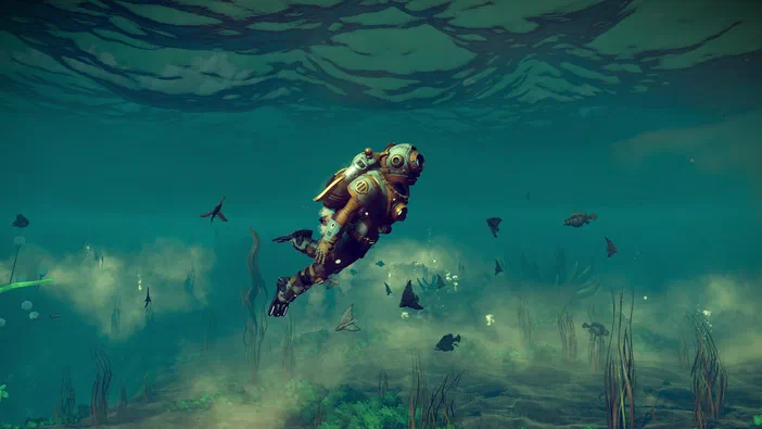 Dans le jeu No Man's Sky, un astronaute flotte au-dessus d'un fond marin parsemé de poissons et de végétation sous-marine.