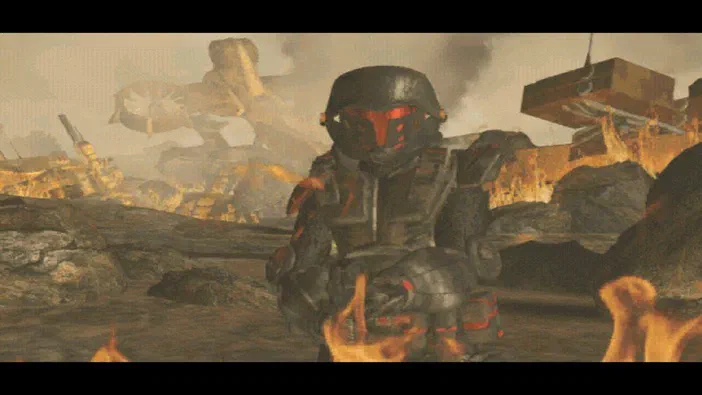 Dans Command & Conquer Tiberian Sun et Firestorm, un soldat en armure se tient au milieu d'un paysage de guerre dévasté avec des flammes.