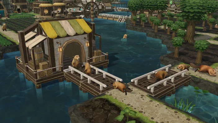 Dans un jeu vidéo de type simulation animale, plusieurs castors se reposent sur une plateforme flottante en bois au bord d'une rivière bleue.