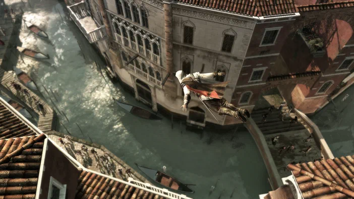 Dans Assassin's Creed II, Ezio Auditore effectue une chute libre au-dessus des canaux de Venise.