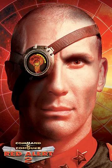 Portrait d'un personnage de Command & Conquer : Red Alert 2 avec un œil artificiel et des étoiles rouges sur son uniforme.