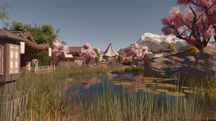 Vue de Katsuyama au Japon dans le jeu Jurassic World Evolution, avec des maisons traditionnelles bordant un étang aux nénuphars et une montagne enneigée en arrière-plan.