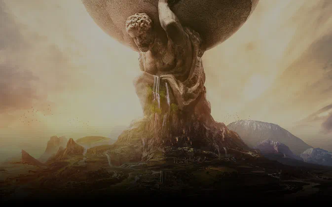 Un personnage de pierre géant tenant une sphère au-dessus d'un paysage montagneux dans Sid Meier's Civilization VI