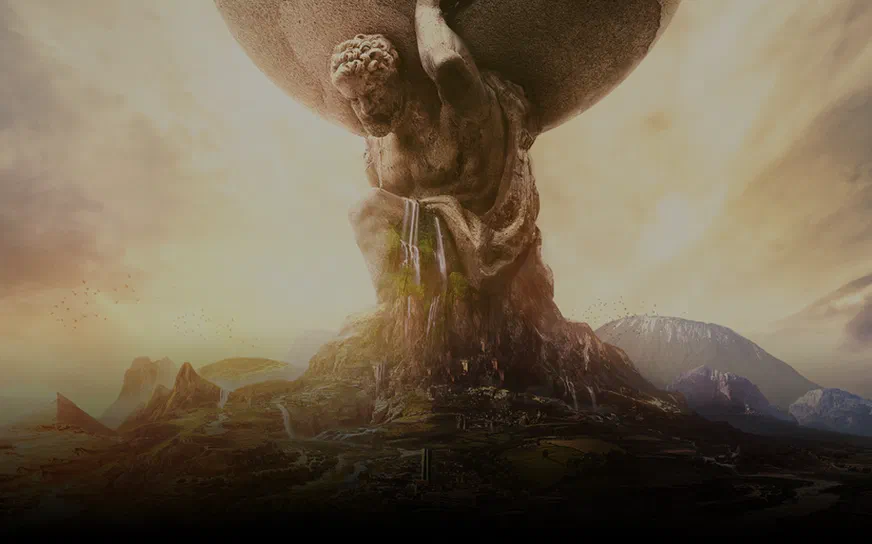 Un personnage de pierre géant tenant une sphère au-dessus d'un paysage montagneux dans Sid Meier's Civilization VI