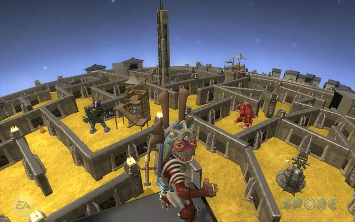 Vue d'un labyrinthe en Spore: Galactic Adventures avec plusieurs créatures colorées et des structures de jeu.