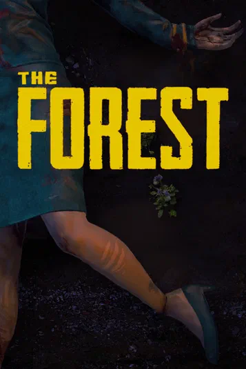 Affiche du jeu vidéo The Forest montrant un corps allongé sur le sol sombre avec des fleurs et le titre en jaune.