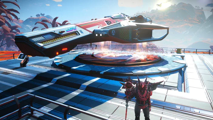 Dans le jeu vidéo No Man's Sky, un vaisseau spatial se pose sur une plateforme circulaire émettant des flammes au-dessus d'un paysage extraterrestre.