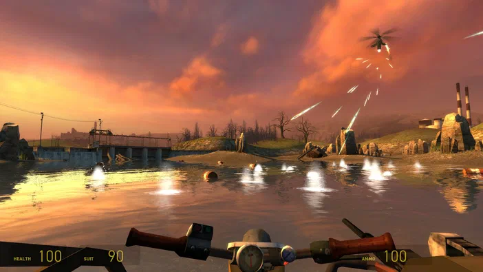 Capture d'écran de Half-Life 2 montrant une vue à la première personne dans un environnement aquatique avec des effets lumineux et un hélicoptère au loin.