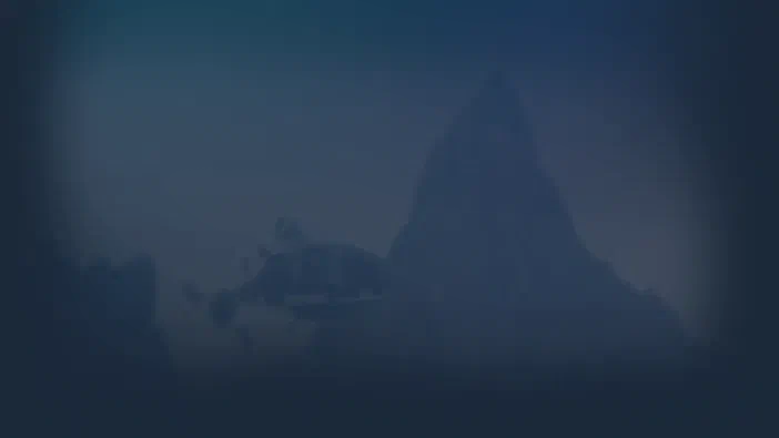 Paysage brumeux d'Anno 2070 avec une île et des montagnes en arrière-plan
