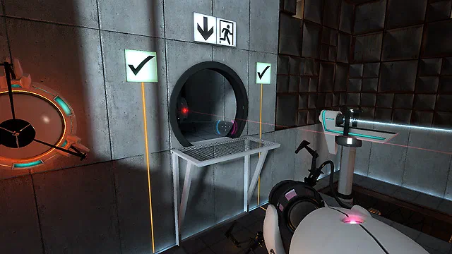 Capture d'écran du jeu vidéo Portal montrant une porte circulaire dans un environnement de laboratoire avec des lasers rouges et des panneaux de contrôle.
