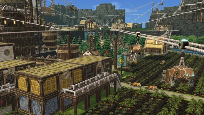 Capture d'écran du jeu vidéo Timberborn montrant une cité en bois avec des bâtiments sur pilotis et un champ cultivé.