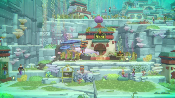 Capture d'écran du jeu vidéo Dave the Diver montrant un niveau sous-marin avec des bâtiments japonais flottants et plusieurs personnages.