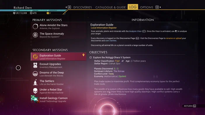 Interface du jeu No Man's Sky affichant la liste des missions primaires et secondaires ainsi que les détails d'exploration de l'écran.